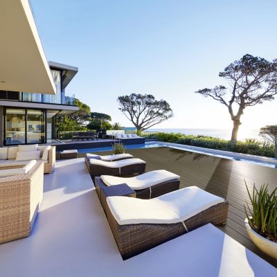 Modern luxury home showcase patio with ocean view